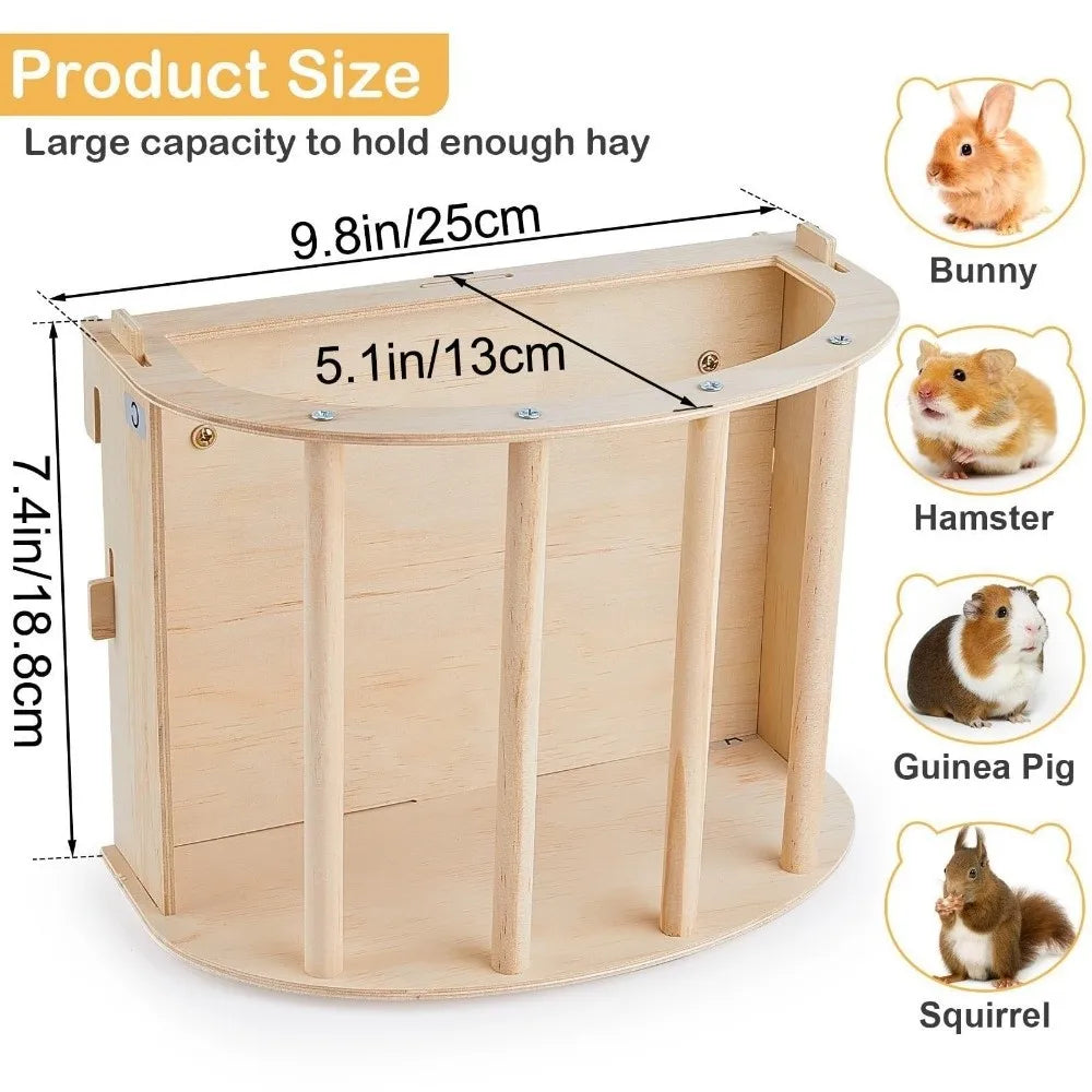 Practical Wooden Bunny Hay Feeder Hanging Fixed Built-in Hay Feeder Rack Detachable Grass Dispenser Guinea Pig Feeder Hamster