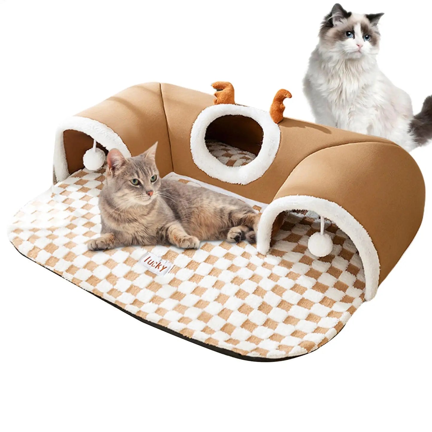 Cat Bed and Play Tunnel Warm House Tent with Plush Mat Indoor Hideaway Corner Shelter Foldable Pet Furniture for Kittens Cats