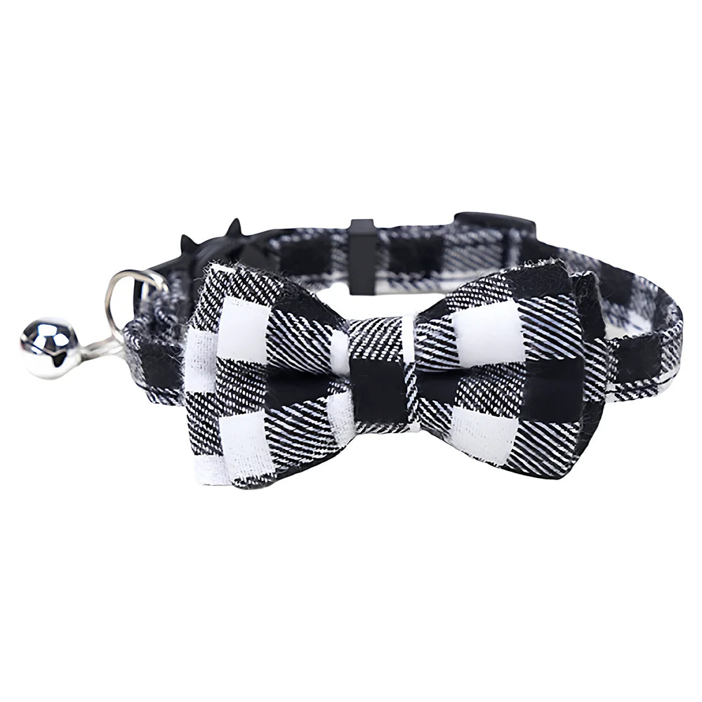 Pet Cat Adjustable Collar, British Plaid Bow Tie Collar, Pet Bell Collar with Buckle, Cat Dog Collar, 1PC