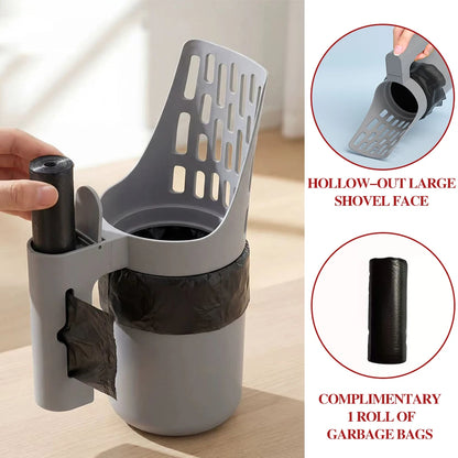 2-in-1 Cat Litter Scoop with Storage Container, Detachable Litter Sifter Shovel with Built-in Bag Dispenser, Portable Cat Litter