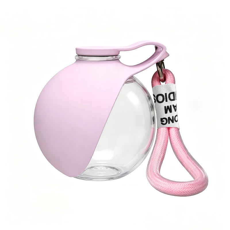 Plastic pet water bottle, outdoor preparation with pink and blue foldable bowls,