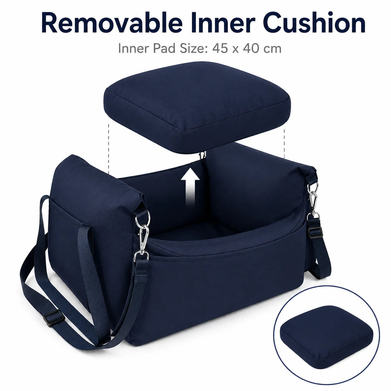 Pet Car Booster Seat for Small Dogs | Dark Blue Polyester Fabric | Removable Cushion & Safety Straps | Cozy Travel Bed