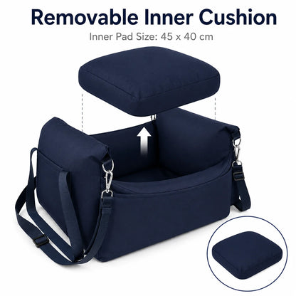 Pet Car Booster Seat for Small Dogs | Dark Blue Polyester Fabric | Removable Cushion & Safety Straps | Cozy Travel Bed