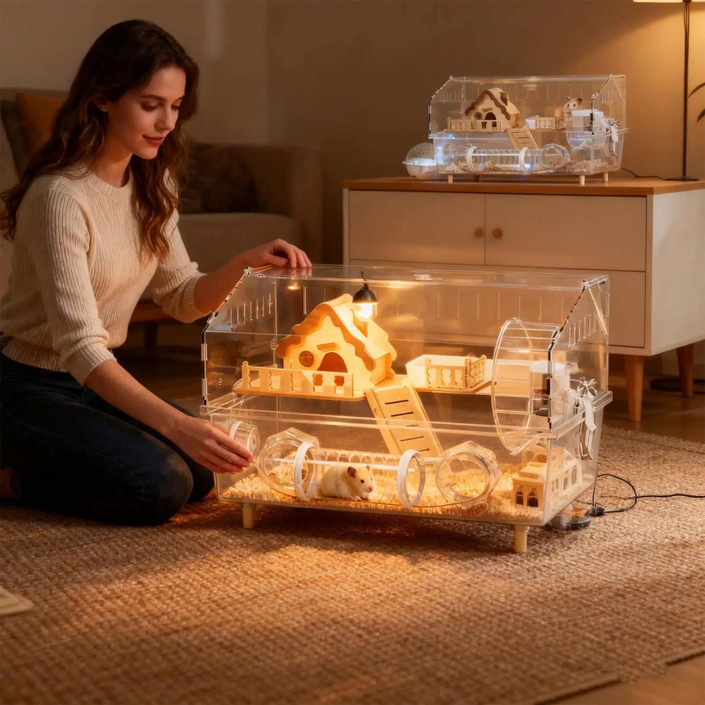 Acrylic Hamster Cage 2-Layer Clear Acrylic Pet Habitats Hamster Enclosure for Indoor Outdoor Home Yard Breeding Observation Pet