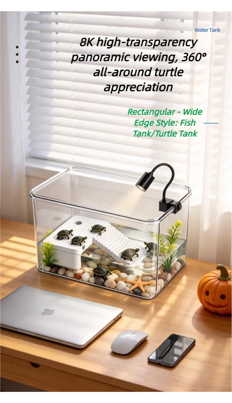 Transparent Reptile Terrarium Tank with Basking Area for Pet Turtles Hermit Crabs Tortoises - Turtle Adoption Habitat