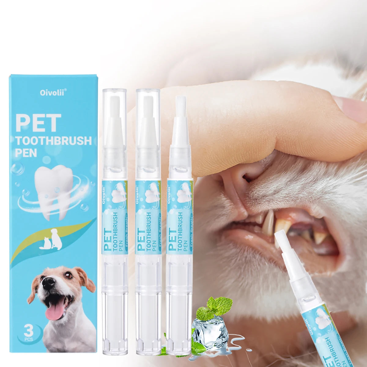 Pet Teeth Cleaning Pen with Soft Brush Dental Gel for Dogs & Cats Tartar Control Fresh Breath Soothes Gums Mild Formula 3pcs/box