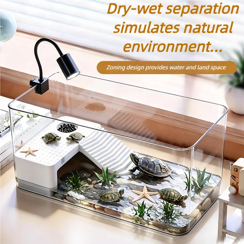Transparent Reptile Terrarium Tank with Basking Area for Pet Turtles Hermit Crabs Tortoises - Turtle Adoption Habitat
