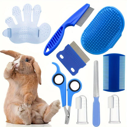 Rabbit Grooming Kit Tear Stain Remover Cleaning Combs Pet Nail Clipper Double-Sided Shampoo Bath Brush for Guinea Pig Bunny