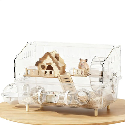 Hamster Cage 2-Layer Clear Acrylic Pet Habitats Hamster Enclosure for Indoor Outdoor Home Yard Breeding Observation Pet Shop