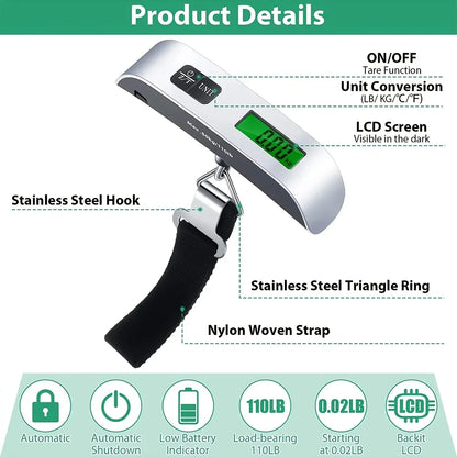 Portable Hanging Luggage Scale | Digital Travel Scale 110lb/50kg