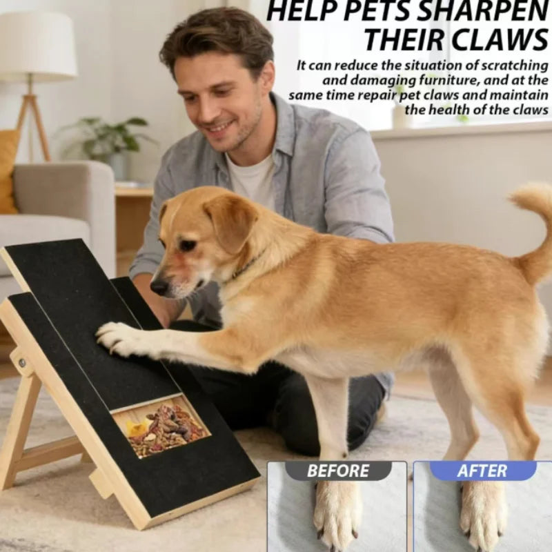 Wooden Pet Scratching Board with Built-in Treat Box Dog Nail Trim Pad Pull-Out Nail Scratch Board Toy Sandpaper Board Scratcher