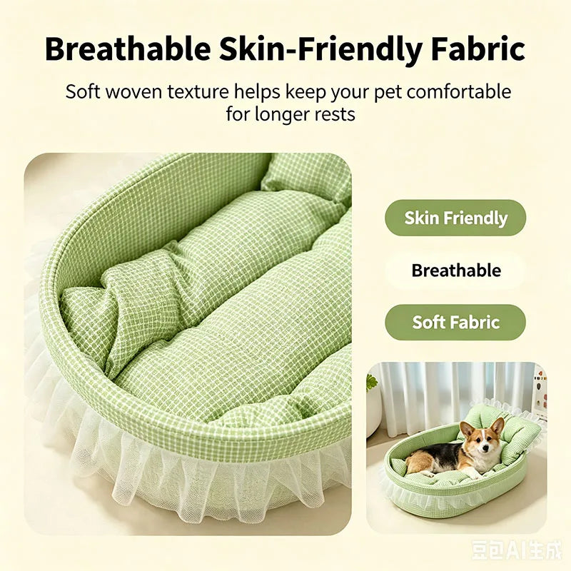 1set Cute Lace-Trimmed Pet Princess Bed For Winter - Soft Polyester Plush Oval for Small Dogs/Cats, Easy Assembly Indoor Use