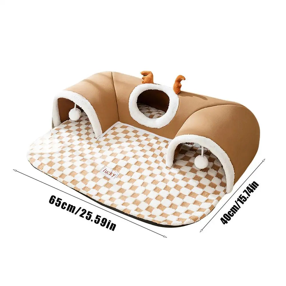 Cat Bed and Play Tunnel Warm House Tent with Plush Mat Indoor Hideaway Corner Shelter Foldable Pet Furniture for Kittens Cats