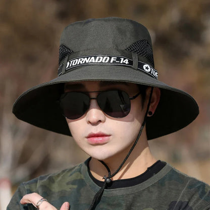 Windproof Men Outdoor Hat | Wide Brim Flat Top Fisherman Hat with Letter Print and Anti-UV Strap