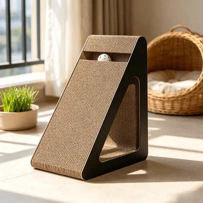Eco-Friendly Corrugated Cat Scratcher 2-in-1 Triangle - with Rotating Ball, Sturdy Reversible Anti-Scratch Board for Indoor Cats