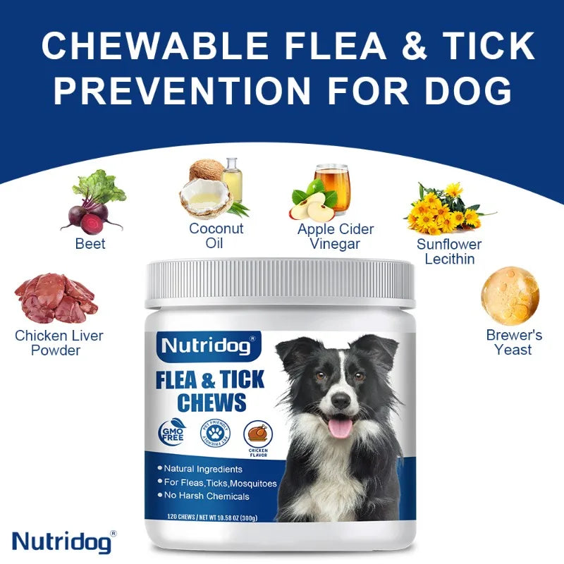 Flea & Tick Chews For Dog with Garlic Flaxseed | Skin Health Support & Bites Prevention - Chicken flavor 120 Soft Chews
