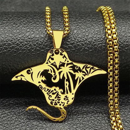Manta Ray Sea Devil Fish Pendant Necklace | Stainless Steel Gold Silver Color Chain Jewelry