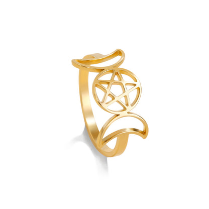 Temperament Wild Couple Ornament Double Moon Pentagram Stainless Steel Ring