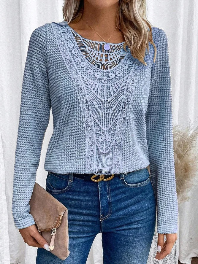 Lace Patchwork Round Neck Women's Long-sleeved T-shirt