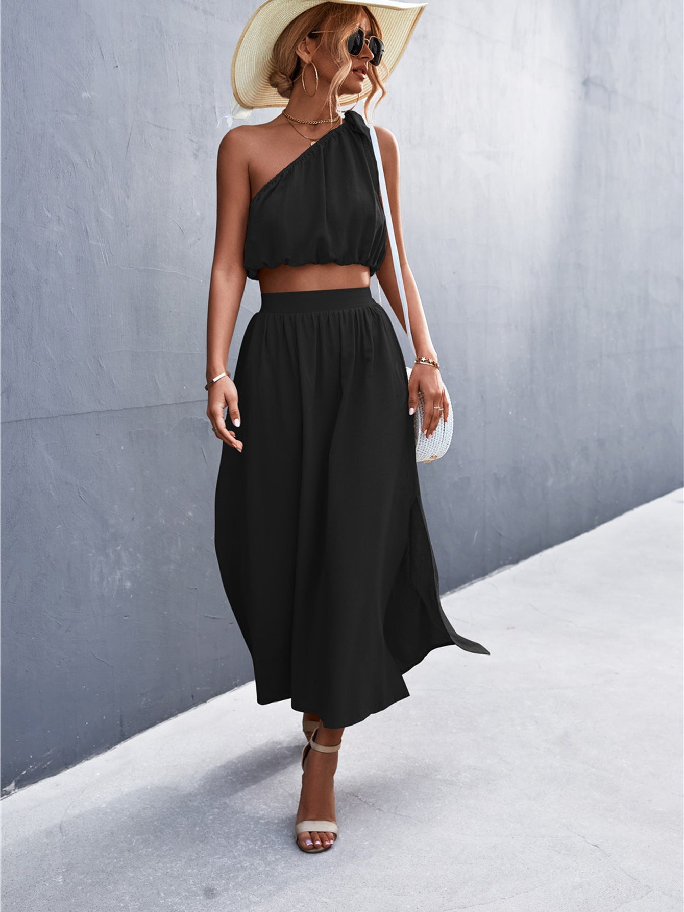 Oblique Shoulder Lace-Up Vest Slit Skirt Suit