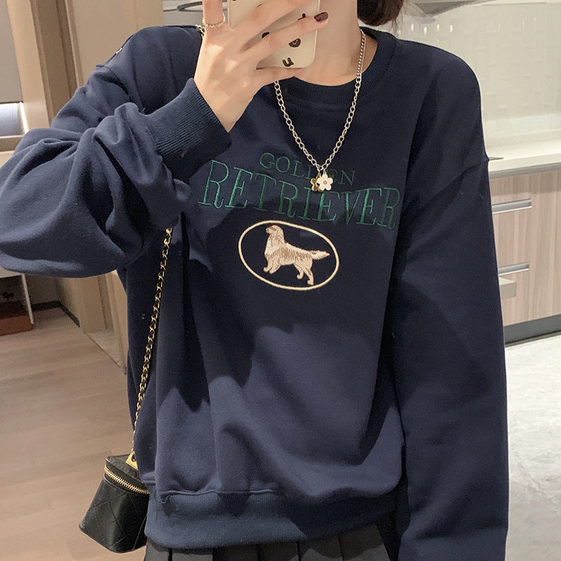 Korean Style Oversize Round-Neck Embroidered Cartoon Long-Sleeve Top