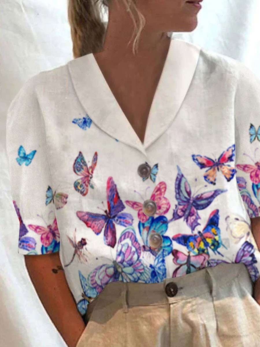 Women's Stand Collar Printed Cotton-Linen Shirt