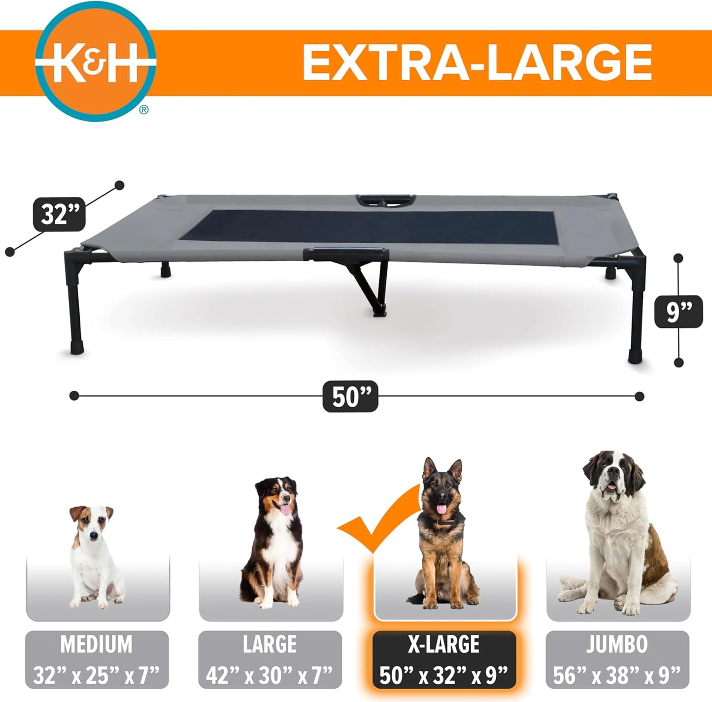 K&H Outdoor Elevated Dog Bed, Cooling Raised Dog Bed, Gray, XL 50X32In | Pet Cot for Large & Extra Large Pets, Breathable Mesh Center Hammock Design, Indoor/Outdoor Washable Cover, 50X32In