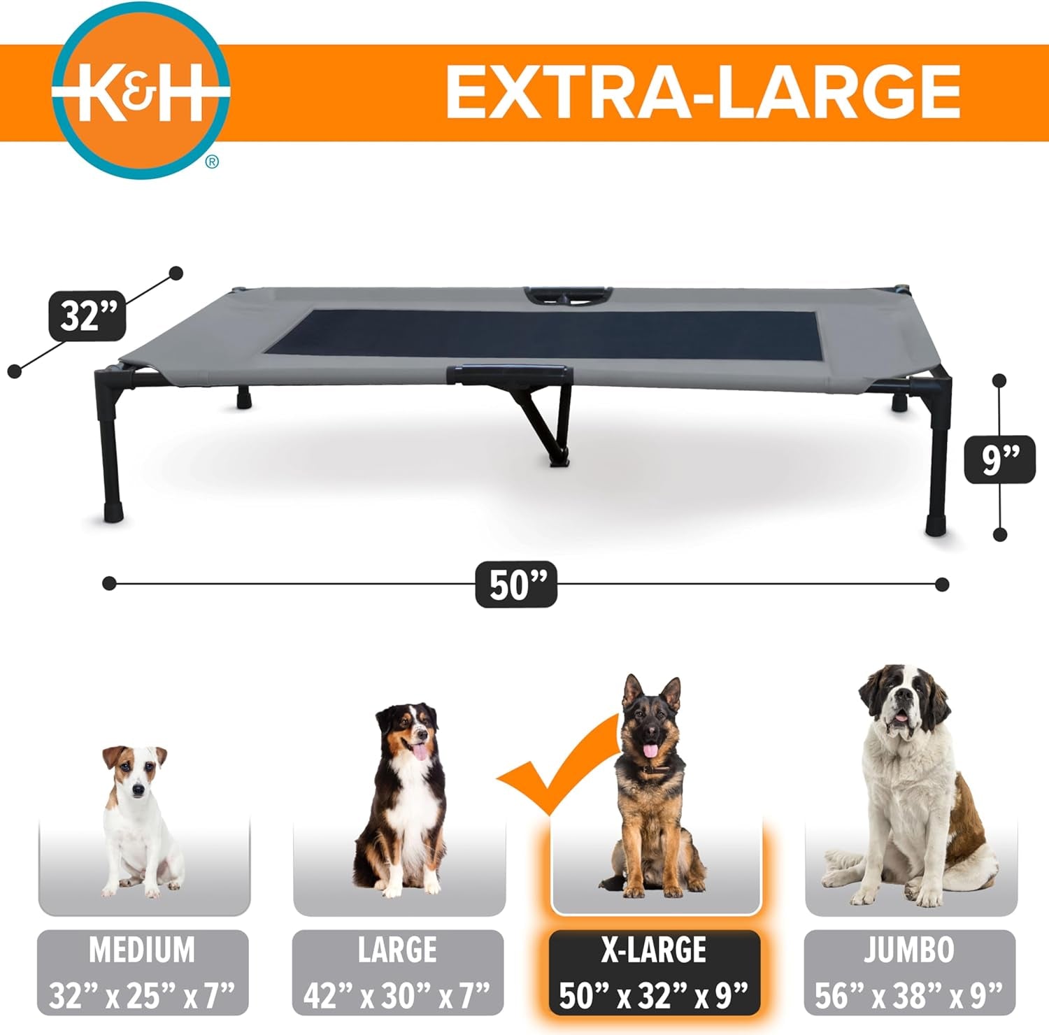 K&H Outdoor Elevated Dog Bed, Cooling Raised Dog Bed, Gray, XL 50X32In | Pet Cot for Large & Extra Large Pets, Breathable Mesh Center Hammock Design, Indoor/Outdoor Washable Cover, 50X32In