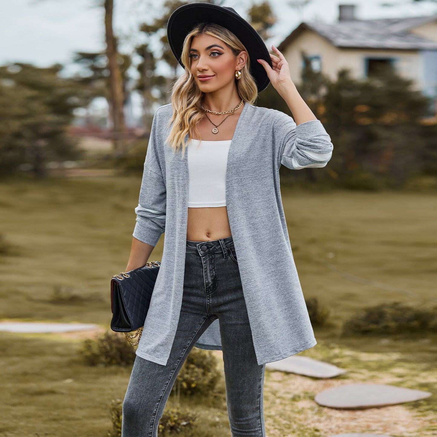 Women's Long-sleeved Stitching Contrast Color Knitted Cardigan