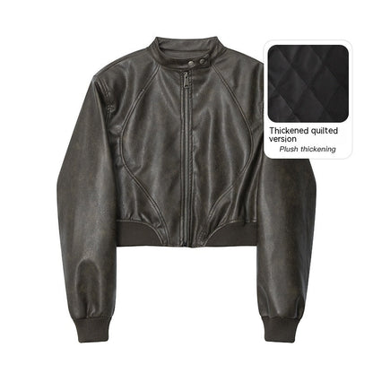HeyHenry American Fashion Stand Collar Long Sleeve Short PU Leather Short Jacket