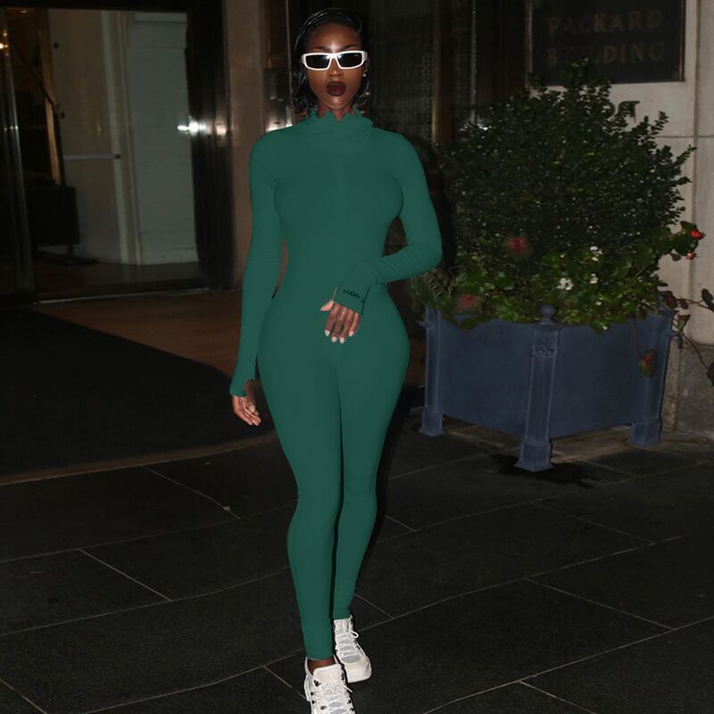 Women's Zipper Stretch Turtleneck Slim Fit Fitness Jumpsuit