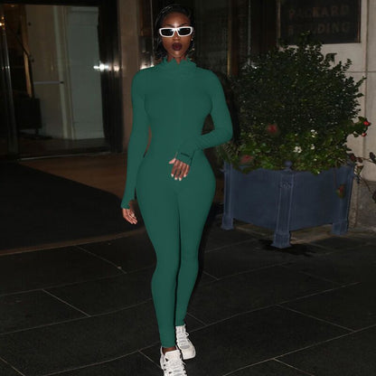 Women's Zipper Stretch Turtleneck Slim Fit Fitness Jumpsuit